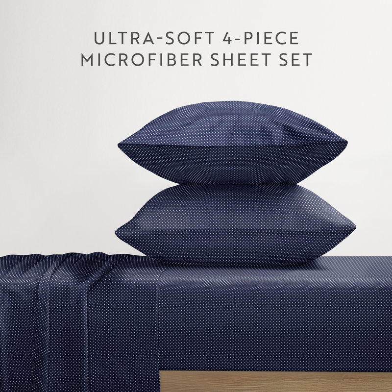 Home My Heart Pattern Microfiber Sheet Set, Twin Sheet Set + 1 Fitted Sheet + 1 Pillowcase, Navy