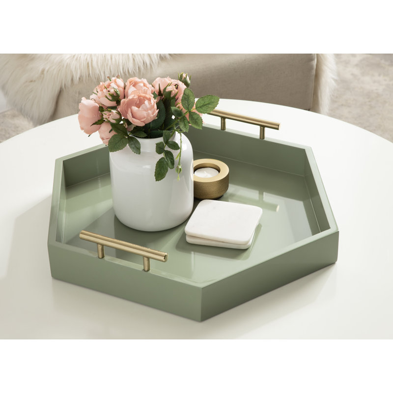 Norvan Hexagon Decorative Tray with Metal Handles, Green/Gold