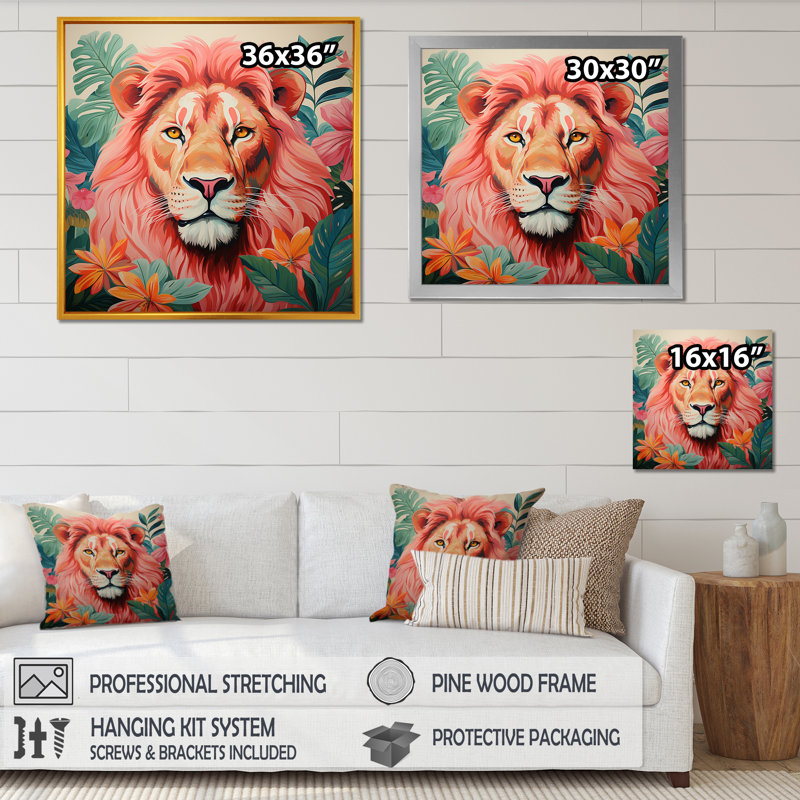 Décoration murale lion rose et vert en forêt I - Lion, Toile tendue, H 16 po x l 16 po x P 1 po
