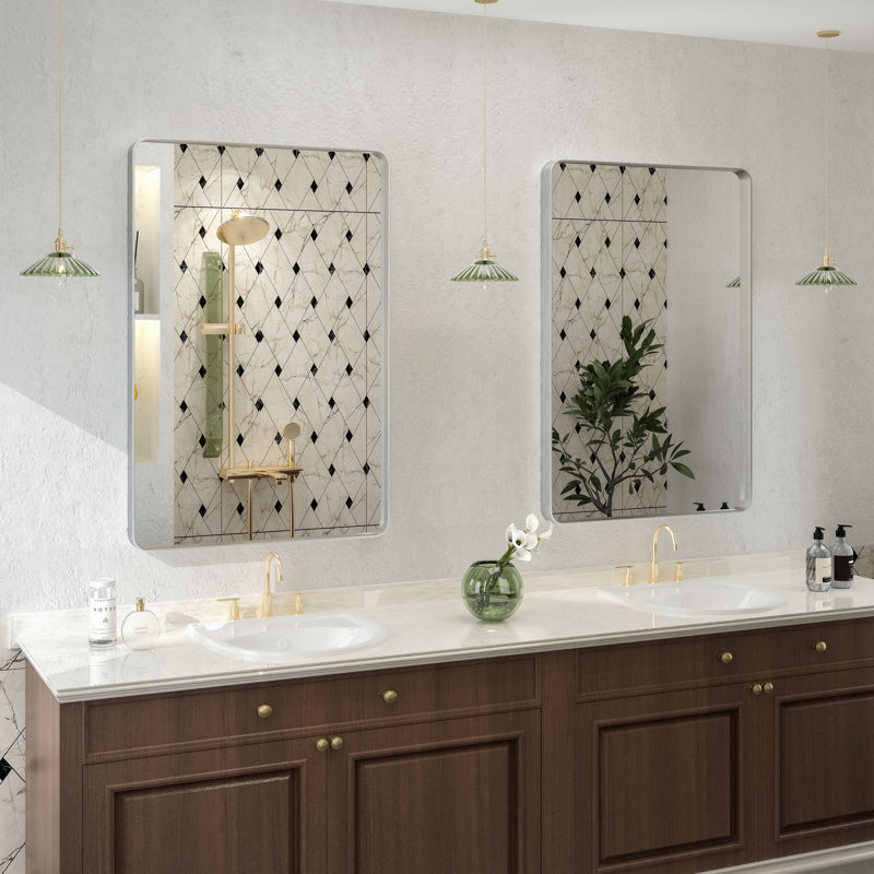 Miroir de salle de bain haute résistance en verre trempé et alliage d'aluminium , Argent brossé, 36 po x 24 po
