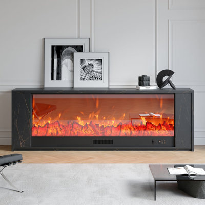 71" Marble Veneer Electric Fireplace Tv Stand With Remote Control