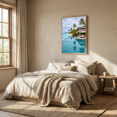 Art mural sur toile turquoise avec piscine au toit de chaume et palmiers