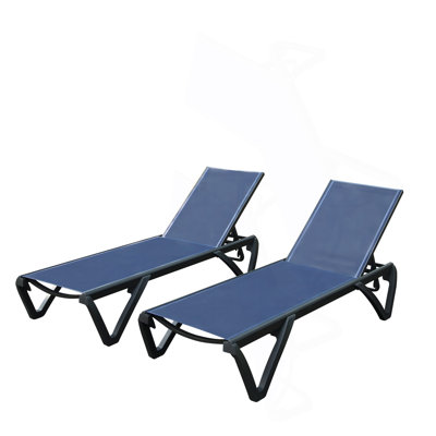 Outdoor Lounge Chair, 2 Pieces Aluminum Plastic Patio Chaise Lounge With 5 Position Adjustable Backrest And Wheels, All Weather Reclining Chair For Patio, Navy Blue