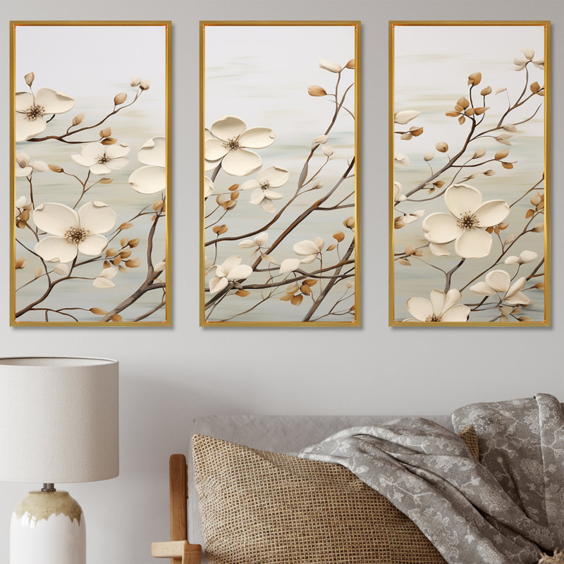 «White Dogwood Blossom Harmony II», ensemble d'art sur toile de cornouiller, Cadre flottant doré, H 32 po x l 48 po x P 1 po