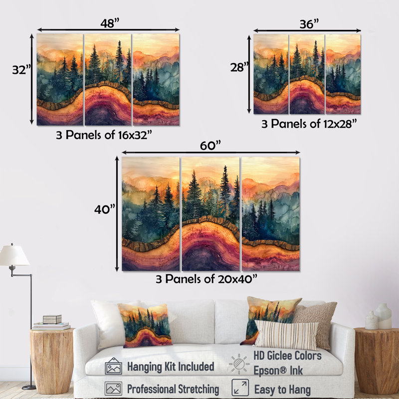 «Color of Giants Tree In A Forest Landscape», ensemble de 3 impressions sur bois, Toile tendue, Ne s’applique pas