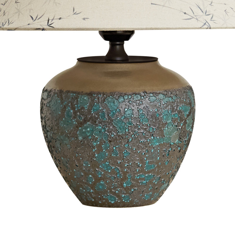 Vintage Brown Ceramic Table Lamp With Bamboo Pattern Linen Shade, Plug-In