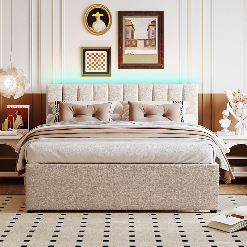 Lit tapissier Teddy, Beige, Grand