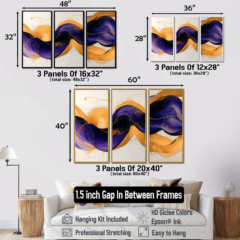 Lavande dorée, motifs voilés abstraits - art mural vagues - ensemble de 3, Noir, Impression encadrée sans passe-partout