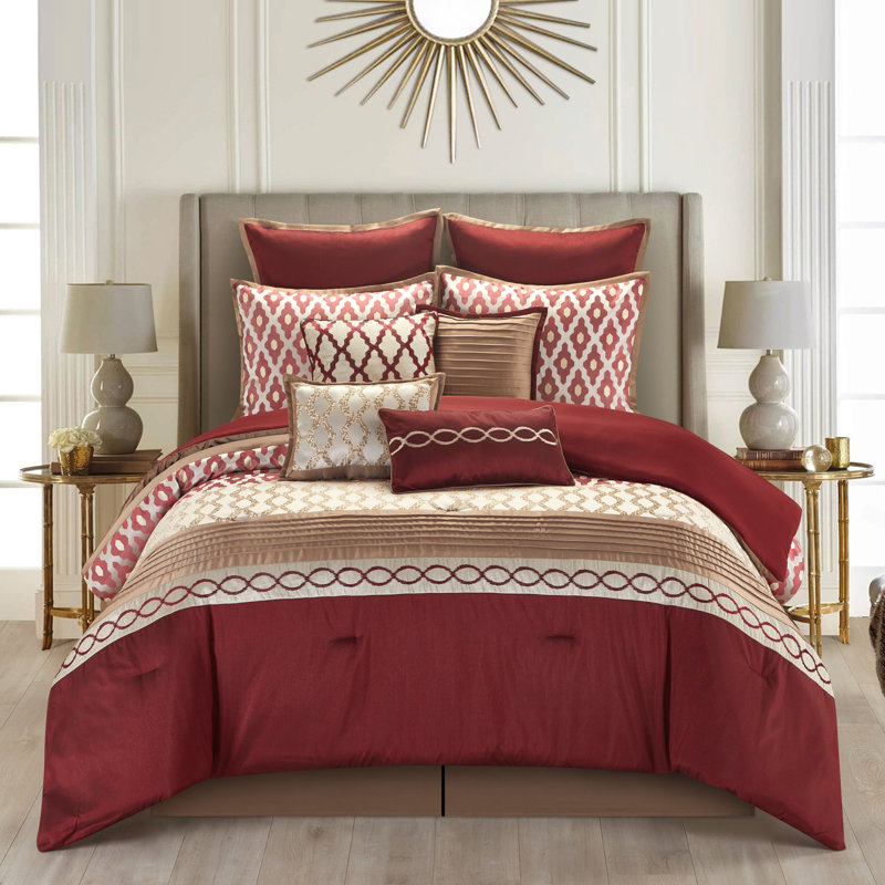 Queen Burgundy and Beige Microfiber 10-Piece Comforter Set