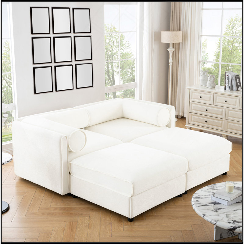 Élégant canapé en chenille blanc à 2 places avec 2 sièges de rangement pour repose-pieds, dossier cylindrique et accoudoirs, causeuse moderne en tissu avec espace de rangement caché