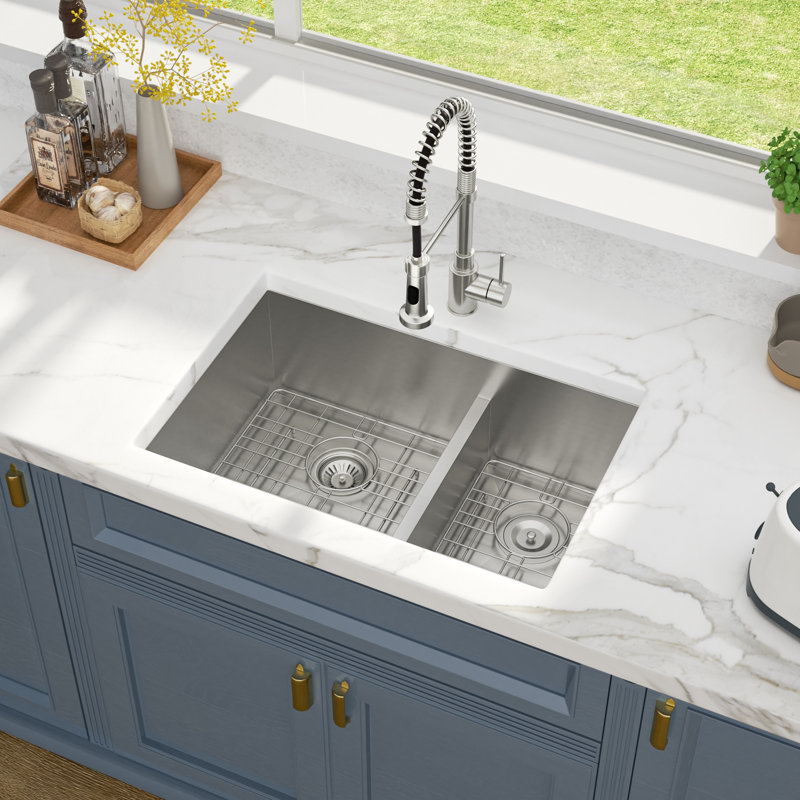 Undermount Lower Divider Double Bowl Stainless Steel Kitchen Sink, 28" L x 19" W