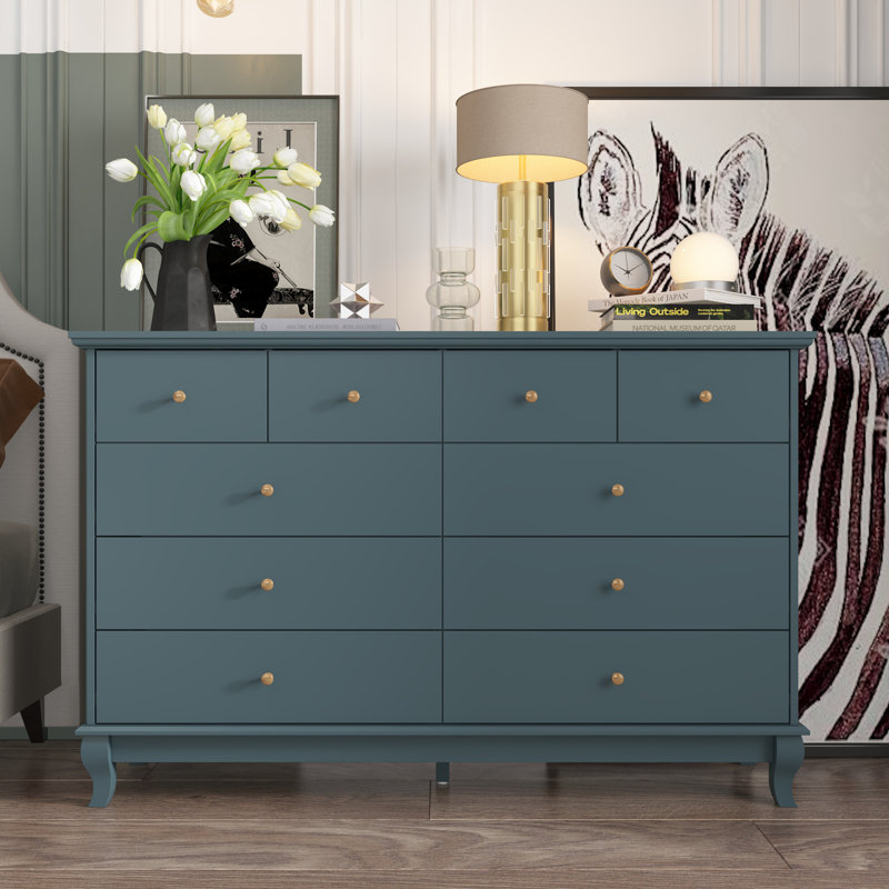 Arthuree 55.1'' W 10 - Drawer Dresser, Deep Blue/Gold