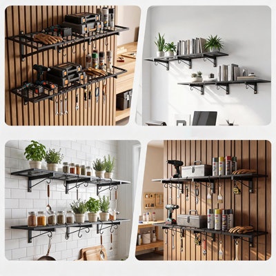 Étagère murale de garage 30 x 120 cm avec 4 crochets intégrés – Étagère de rangement robuste en acier, capacité de 100 kg, noire