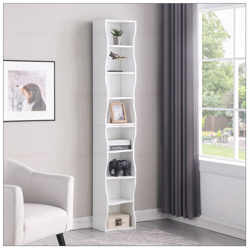 8-Layer Adjustable Shelf Ultra-Thin Bookshelf With Wavy Border, Perfect For Home Office Display And Storage, White