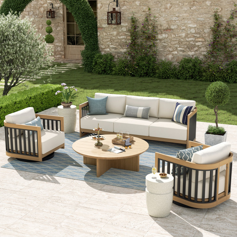 Sereno Patio 5 Person Aluminum Swivel Conversation Set With Cushions, Matted Teak