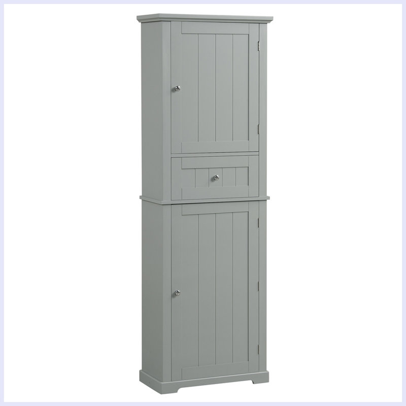 Grande armoire de rangement pour salle de bain, armoire de rangement autoportante avec tiroir et tablette réglable, Gris