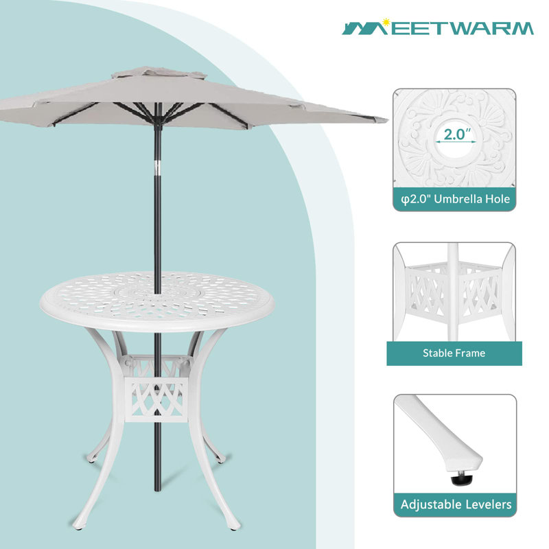 MEETWARM 31" Round Patio Bistro Table, Outdoor Cast Aluminum Small Dinning Table with 2" Umbrella Hole, White