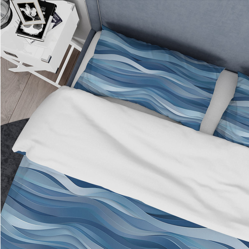 Ensemble de housse de couette Modern White Waves III - blanc et bleu, Housse de couette pour grand lit et 2 taies décor
