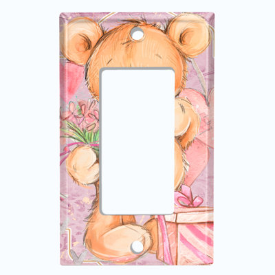 Metal Light Switch Plate Outlet Cover (Teddy Bear Love Hearts Present Flowers Blue - Single Rocker)