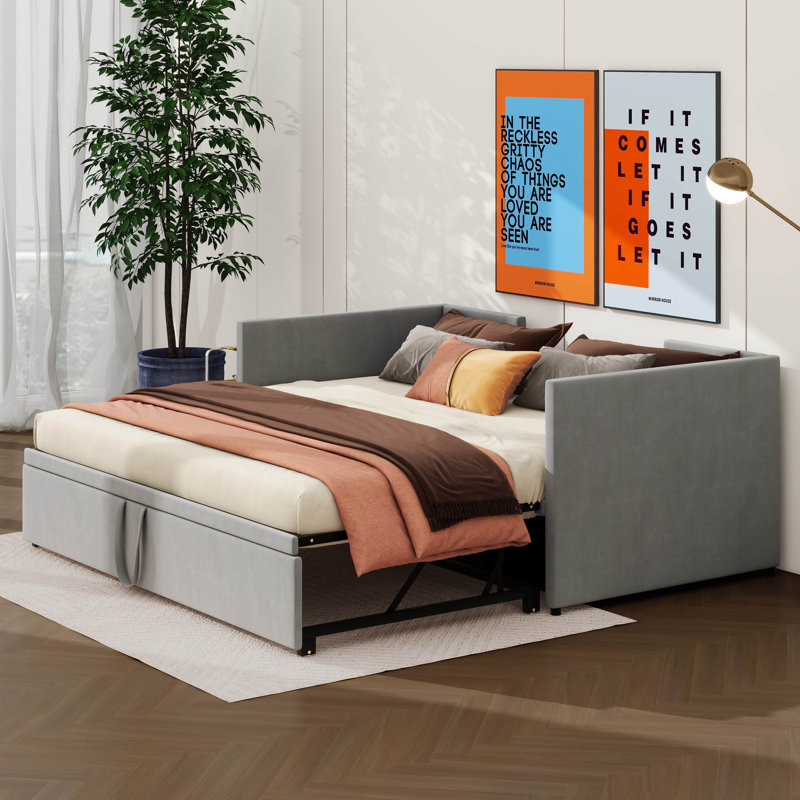 Shamina Upholstered daybed with Pop Up Trundle, Gray