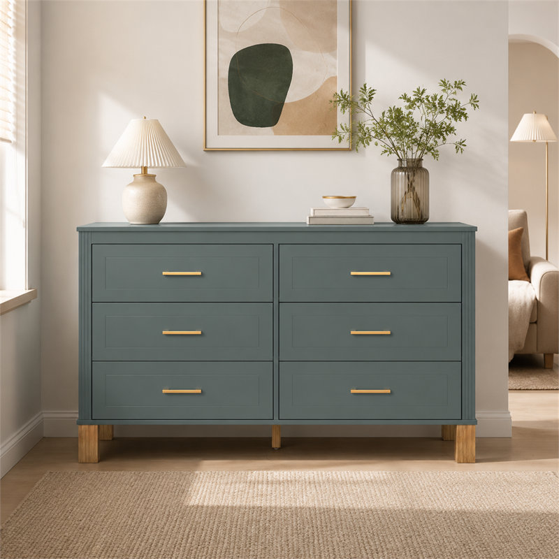 Commode double bleue 6 tiroirs avec poignées en métal et pieds en bois massif Mid-Century Modern
