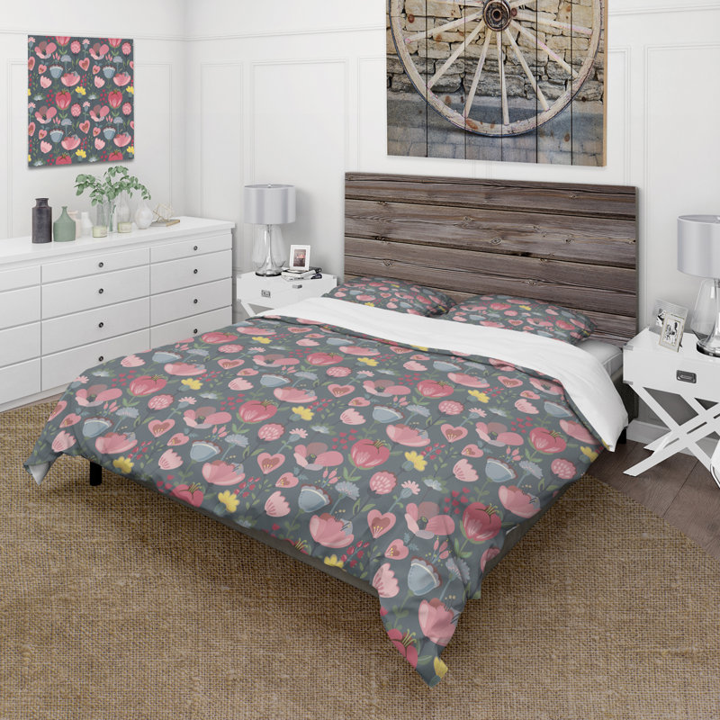 Ensemble de housse de couette en microfibre rose / jaune / gris Portlynn, Housse de couette simple + 1 taie décorative stan
