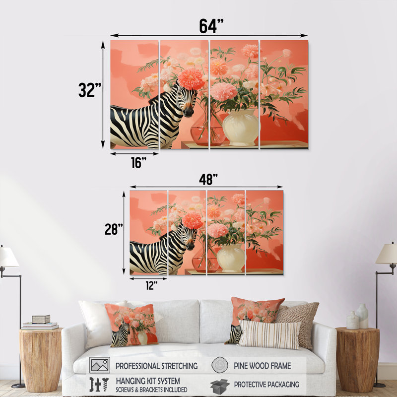 «Zebra I» rose et vert, art mural 4 pièces, H 32 po x l 64 po