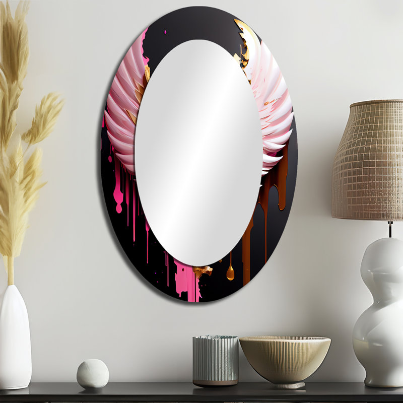 Ailes d'ange rose, or et noir I - décor de miroir mural ovale doré, 36 po x 24 po