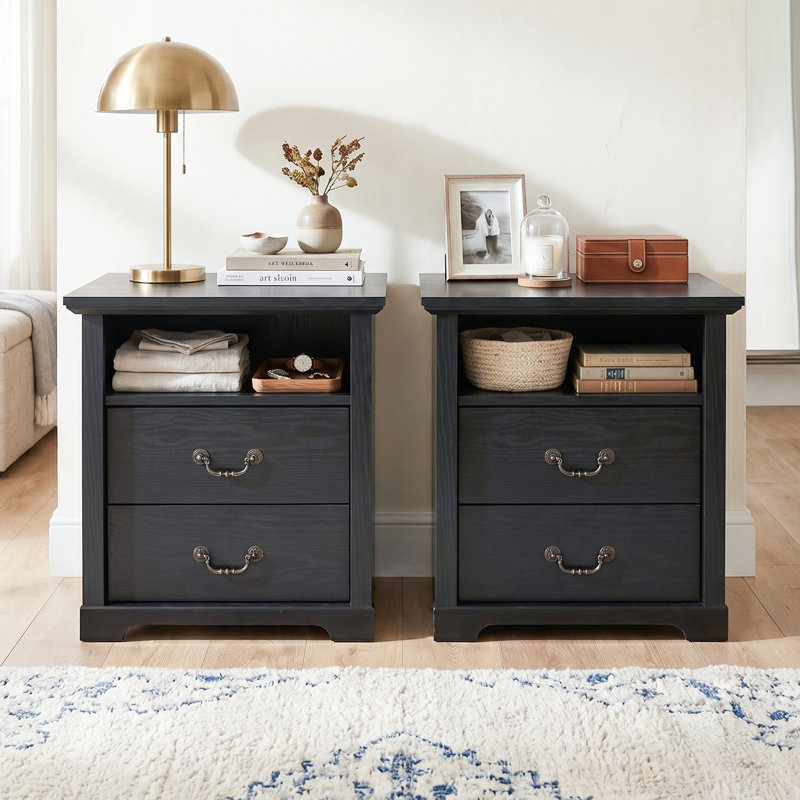 Table de chevet rustique de 22 po avec 2 tiroirs et tablette ouverte, poignées en métal, options multicolores, Noir