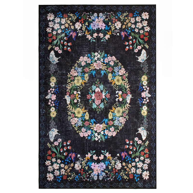 Black Floral Washable Rug Indoor Carpet, Rectangle 8' x 10'