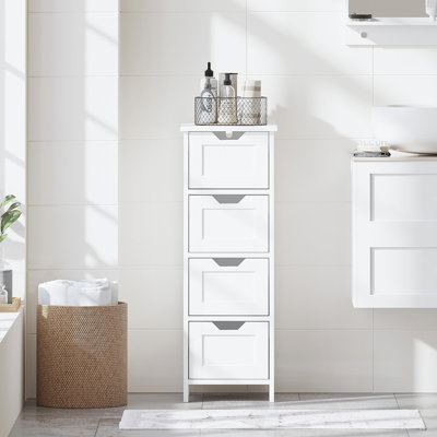 Bathroom Floor Cabinet With 4 Drawers, Freestanding Wooden Storage Organizer For Bathroom, Hallway Or Living Room, Narrow White Side Cabinet With Space-Saving Vertical Design, White