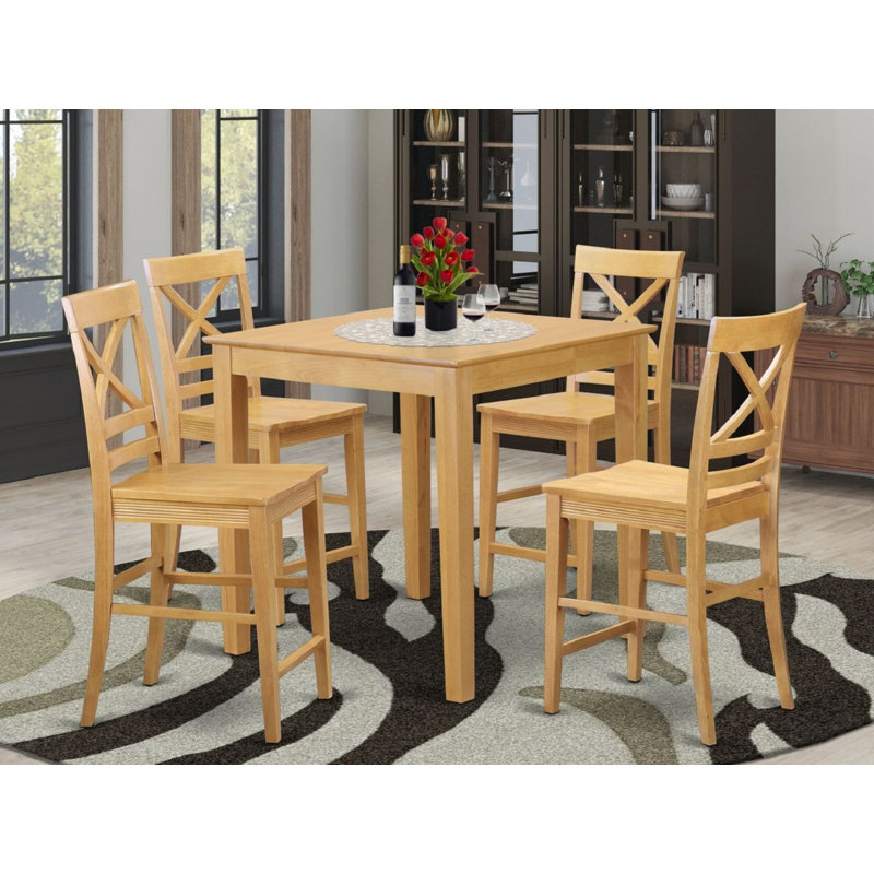 5 Piece Counter Height Dining Set Includes a Square Kitchen Table and 4 Dining Room Chairs, Oak, Oak