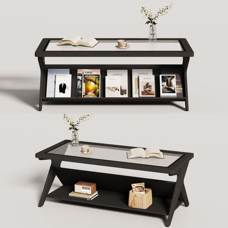 Rectangle Coffee Table With Glass Top & Storage Shelf, Black