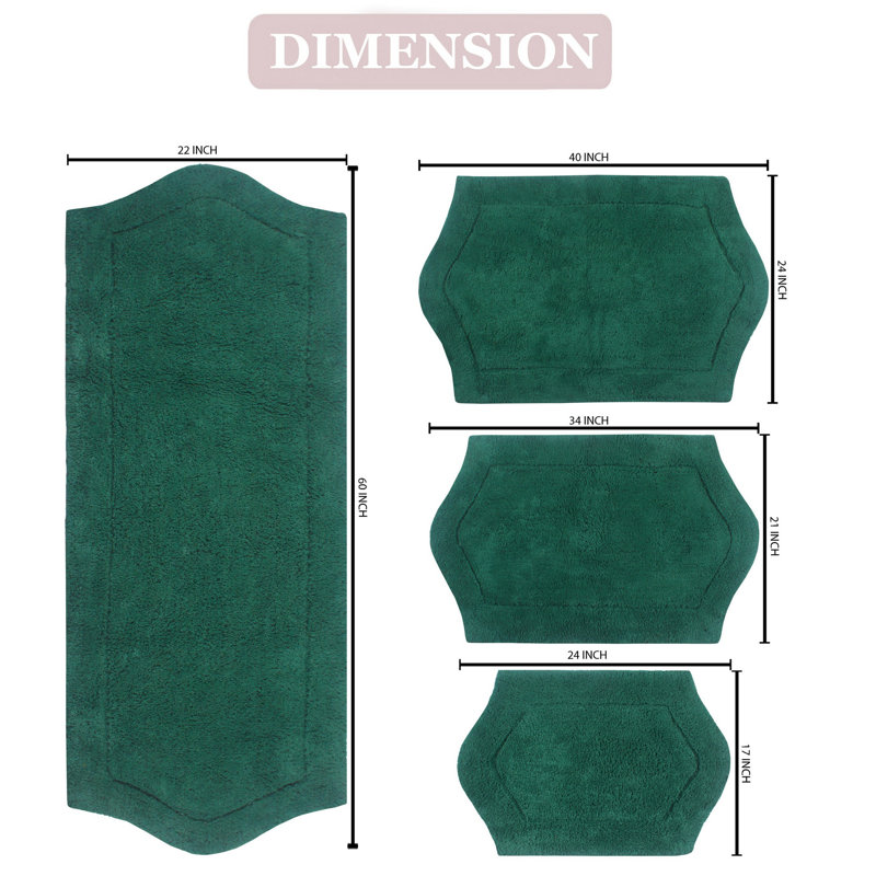 Morissette 100% Cotton Bath Rug, Non-Slip, Quick Dry, Absorbent, Machine Washable - 4 Piece Set, Bottle Green