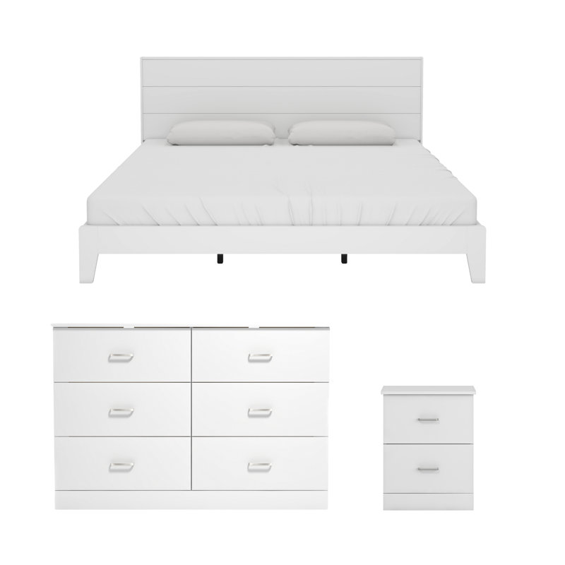 Hodson 3 Piece Modern Coordinated Bedroom Set, King, White