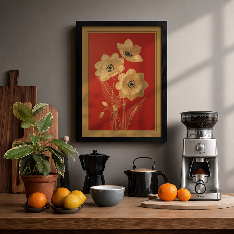 Pale Blooms On Red Botanical - Print, A2 - 59.4 x 42.0 cm, Black