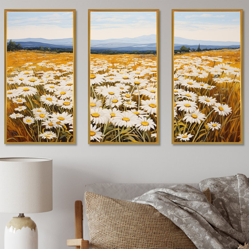 «White Daisy Bloom», ensemble d'art sur toile «Daisy Bloom», Cadre flottant doré, H 40 po x l 60 po x P 1 po