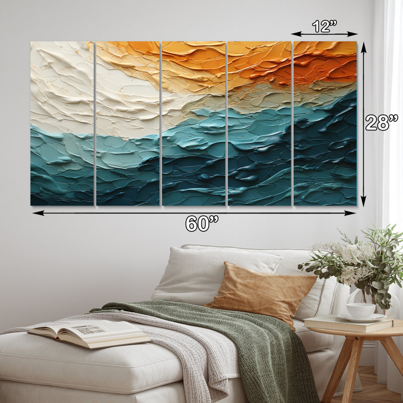 «Teal Orange Ocean Coastal Essence Collage», reproduction sur toile moderne - 5 panneaux égaux