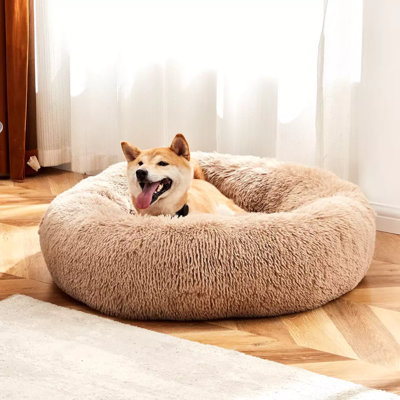 Calming Dog Bed for Medium to Large Dogs, Washable Anti-Slip Round Faux Fur Bed