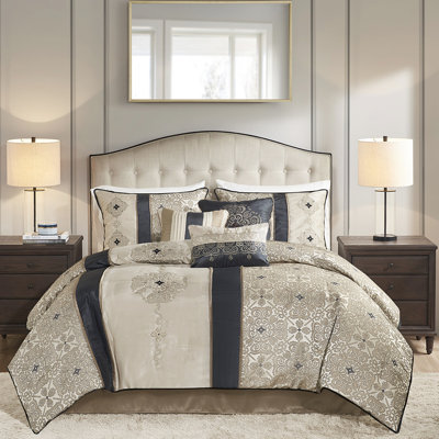 Édredon très grand avec 7 pièces - Rayures verticales de qualité moderne, lavable à la machine, comprend un édredon, 2 taies décoratives, coussins carrés, 1 coussin, pièce noire pour lit enchanté, rembourré,