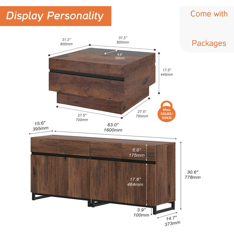 Aadam 2-Piece Modern TV Stand And Coffee Table Set, Storage Entertainment Center For Tvs Up To 70 Inches, Square Coffee Table With Tempered Glass And Four Storage Drawers For Living Room, Brown