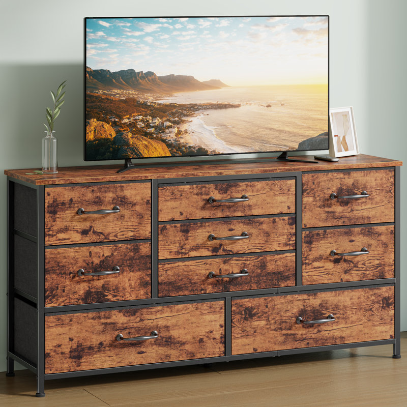 9-Drawer Fabric Dresser with Wood Top, Storage Chest, Rustic Brown