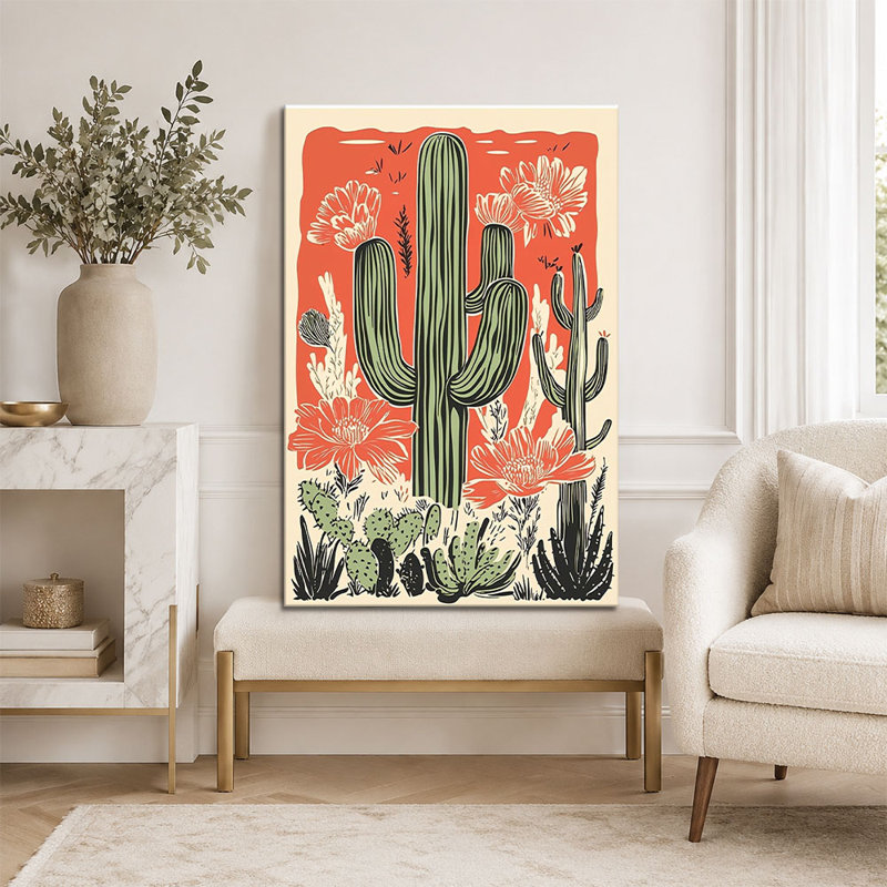 «Rustic Southwestern Desert Cactus Linogravure», impression sur toile, 12*18 inch (30*45*2cm)