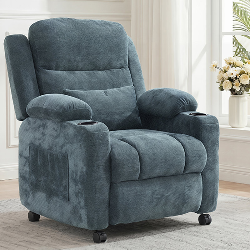  Fauteuil inclinable électrique moderne en tissu de chenille rembourré avec massage, siège pivotant à 360 degrés avec porte-gobelet