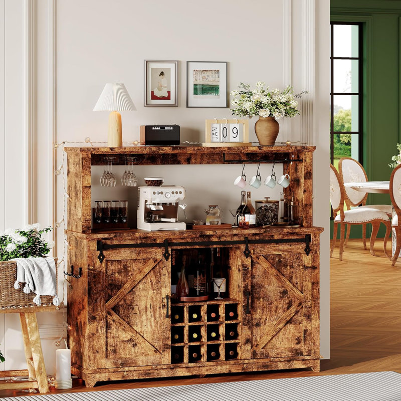 Coffee Bar Cabinet with Power Outlet & LED Light, 55" Farmhouse Large Kitchen Hutch with Sliding Barn Door, Tall Bar Cabinets with Storage Drawers & Wine Glass Rack, Buffet Cabinet for Living Room Kitchen, Rustic Brown