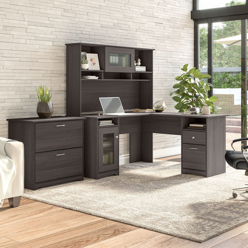 Ensemble de bureau d'ordinateur avec clapier 4 articles Kaionna, Gris chiné