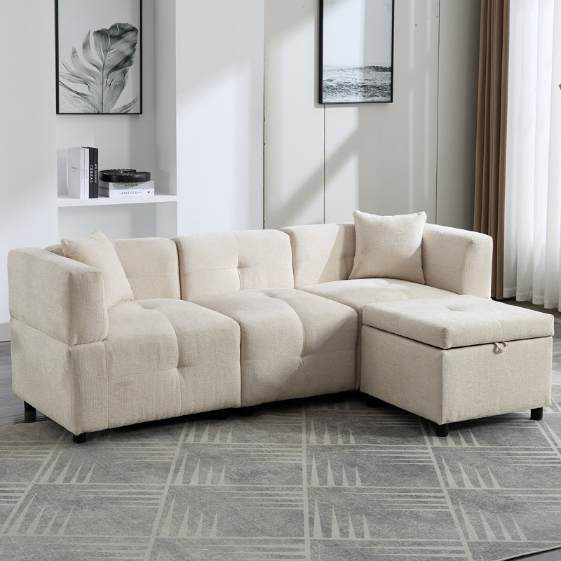 80" L-Shaped Sectional Sofa with Storage Ottoman and Pillows, Modular Couch for Apartment or Office, Beige