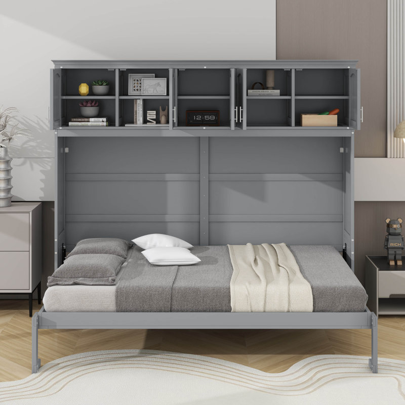 Lit escamotable avec armoires supérieures Murphy, Gris, Lit double