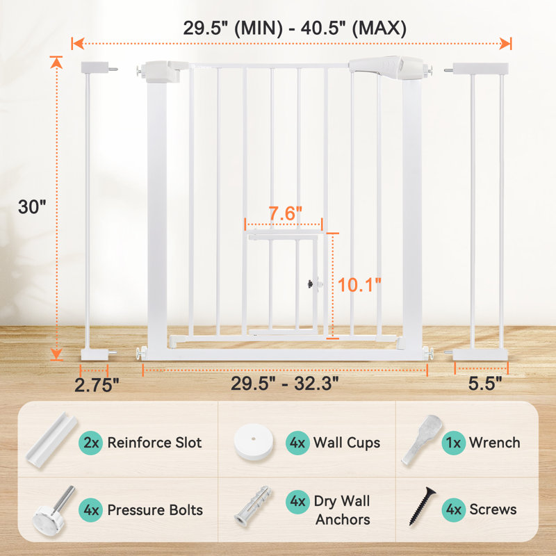 30" Tall Auto Close Walk Thru Safety Gate with Pet Door, White
