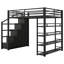 Grand lit mezzanine en métal avec tablettes de rangement, armoires et garde-robe